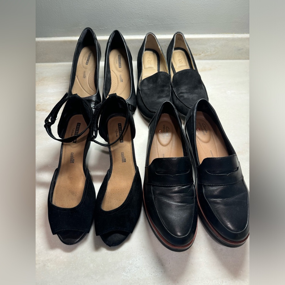CLARKS LOT OF 3! + Me Too 1 Pr! Black Leather Comfort Cushion 8 Classic Career